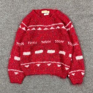 Vintage Hand Knit Mohair Wool Blend Red Pullover Knit Sweater Womens Size Medium